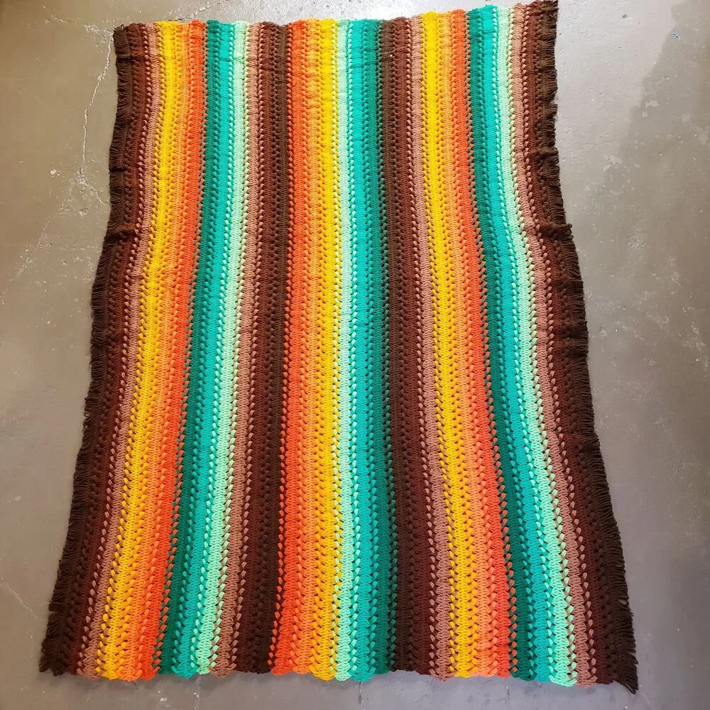 Vintage Afghan Crochet Throw Blanket Brown Green Orange Stripes Fringe MCM